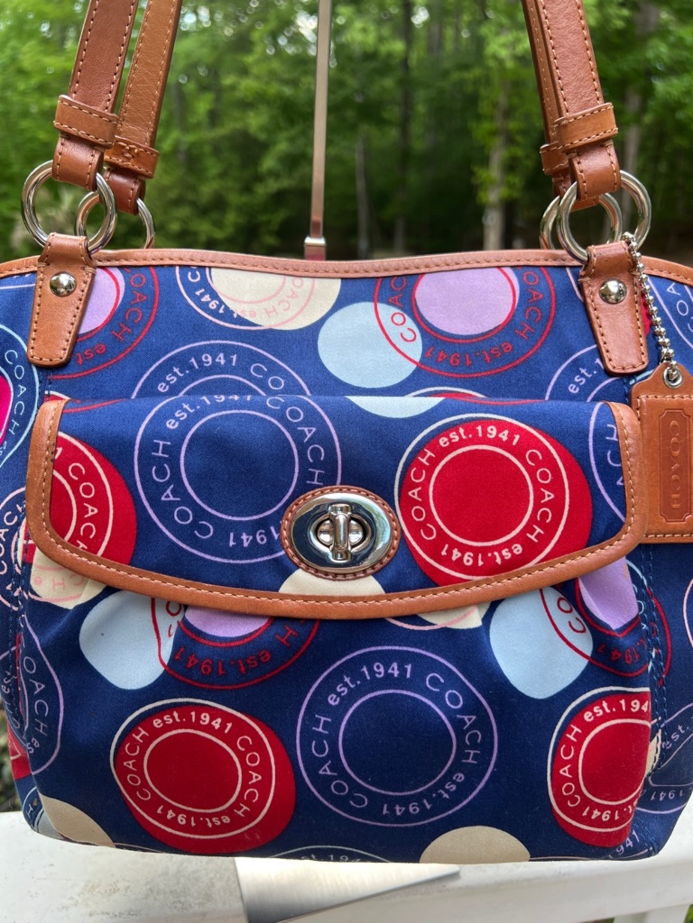 Coach Leah Polka Dot Print Navy Multicolor Signature Circle Print Tote-14×9×5 - Picture 3 of 16